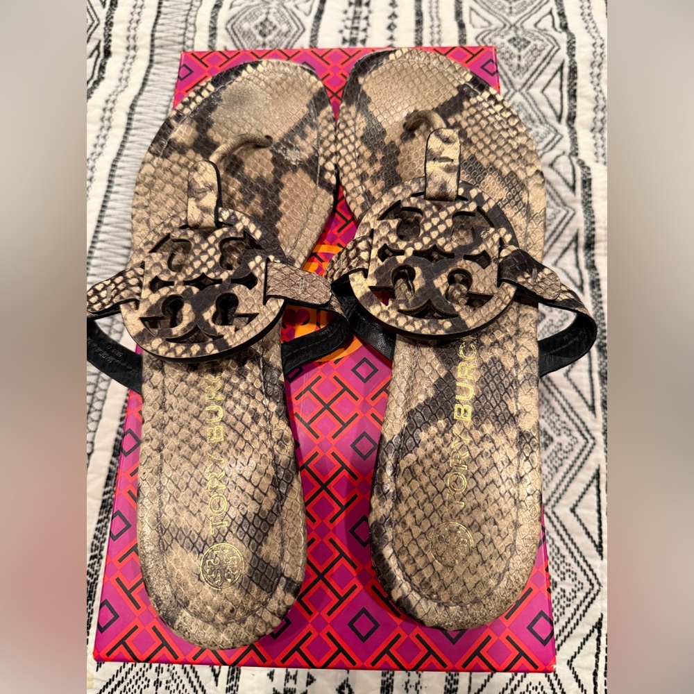 Tory Burch Snakeskin Sandals - Tan and Black
